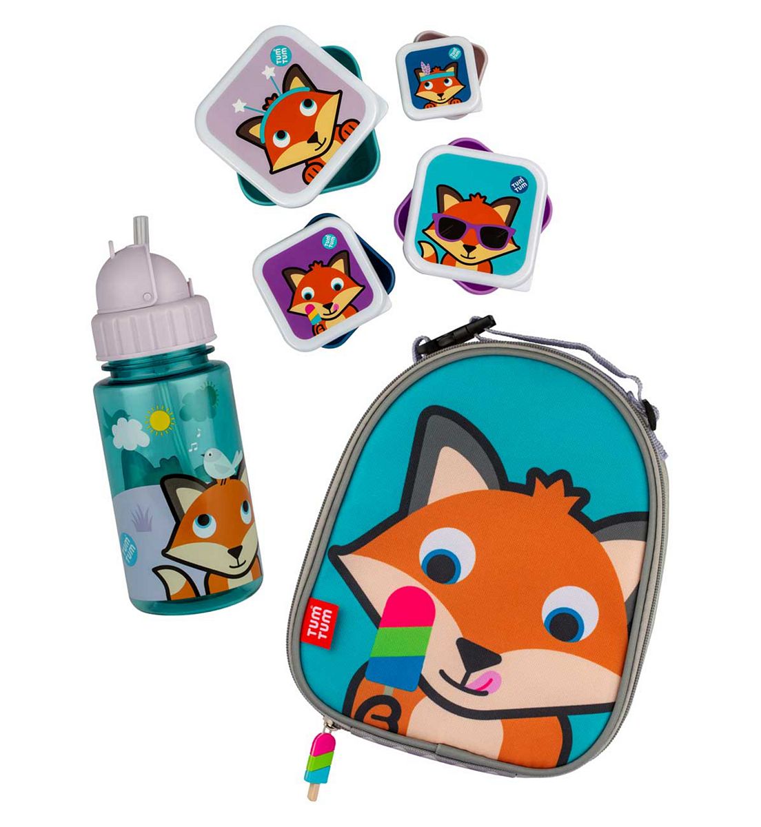 Tum Tum Insulated Lunch Bag, Flip Top Water Bottle And Nesting (Set Of 4) Snack Pots - Felicity Fox
