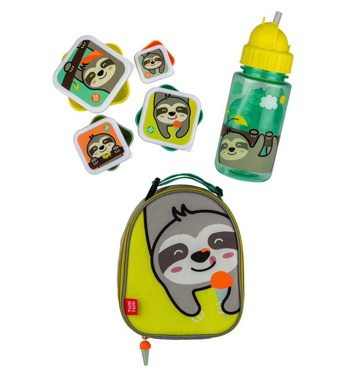 Tum Tum Insulated Lunch Bag, Flip Top Water Bottle And Nesting (Set Of 4) Snack Pots - Stanley Sloth
